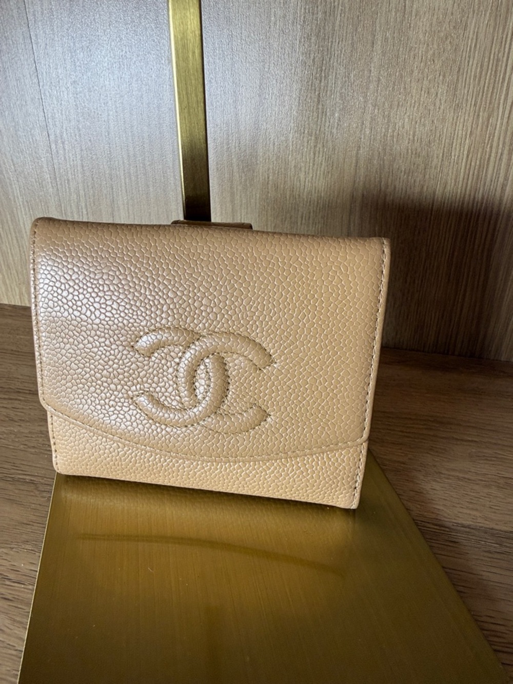 CHANEL Tan Pebbled Leather CC Compact Wallet
